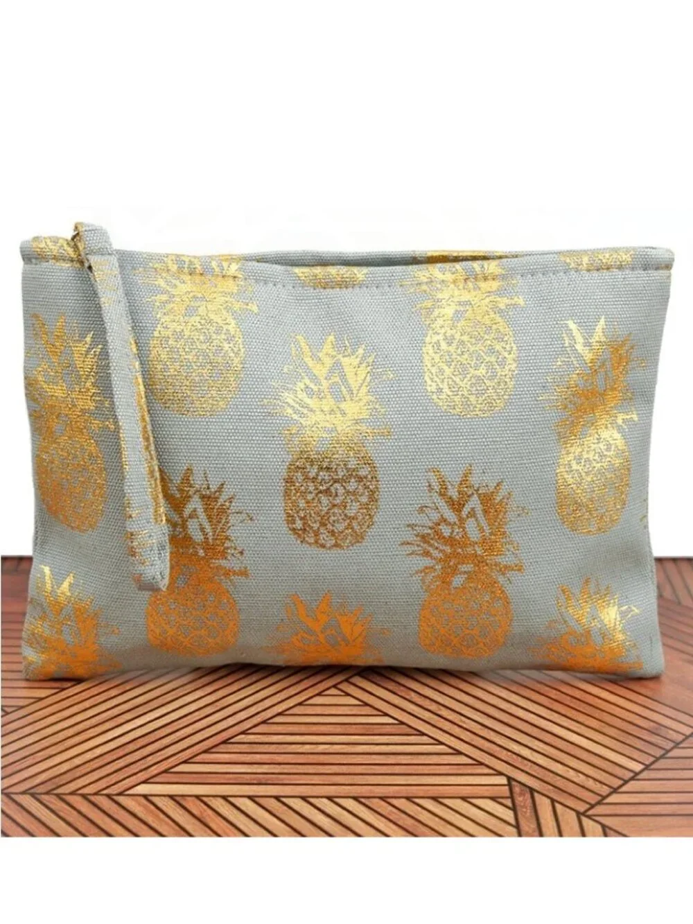 Gray Metallic Gold Pineapples Wristlet Clutch Pouch Travel Case Bag Tropical NWT